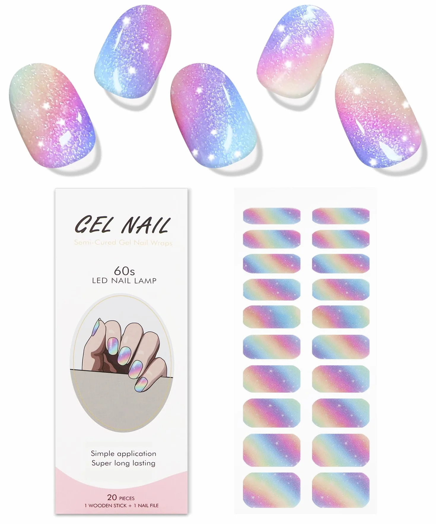 Żelowe naklejki na paznokcie tęczowy brokat półutwardzone paski UV LED nail art zdobienie