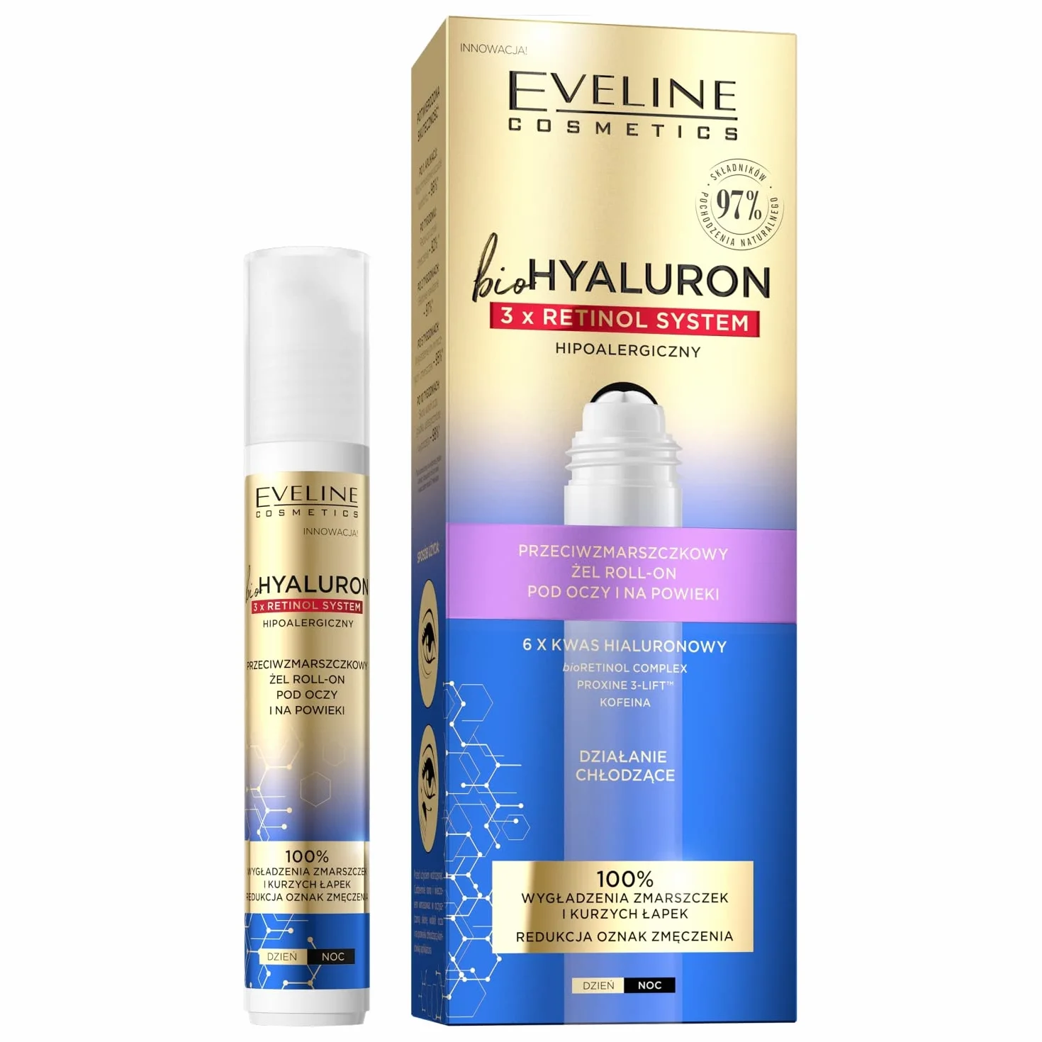 EVELINE COSMETICS Biohyaluron 3x Retinol System Anti Wrinkle Roll On Gel Under Eye Area 15ml