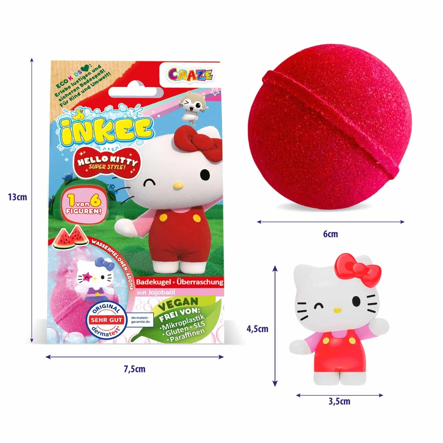 INKEE Hello Kitty – Bomba do Kąpieli dla Dzieci z Niespodzianką – 1 z 6 Figurek Hello Kitty do Zebrania – Kula do Kąpieli 80g z Aromatem Arbuza i Olejem Jojoba, Różowa lub Czerwona
