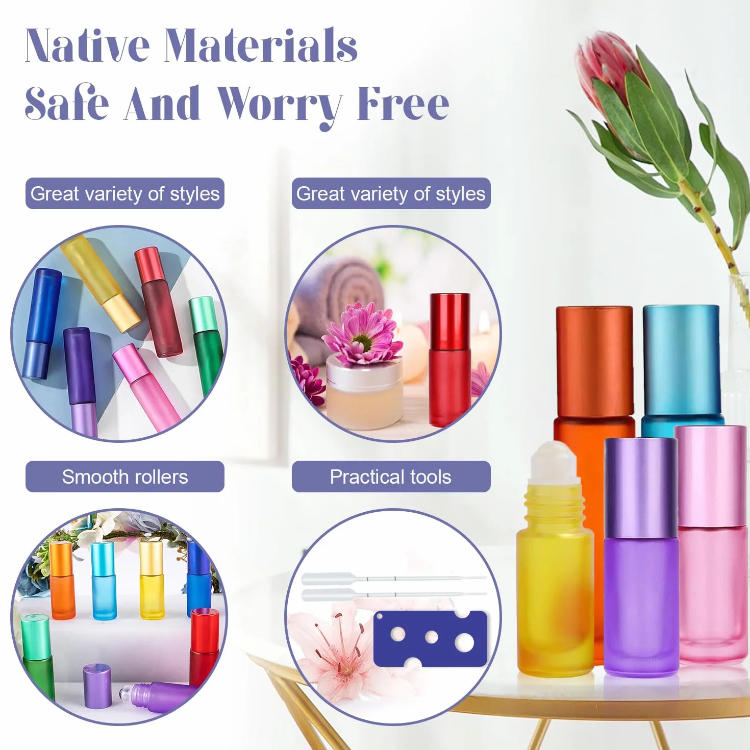 Roll on szklane butelki na olejki eteryczne, dezodorant w kulkach do napełniania, 10 ml, 5 ml, szklane butelki, wielokolorowe, do masażu perfum, olejku eterycznego, 8 sztuk