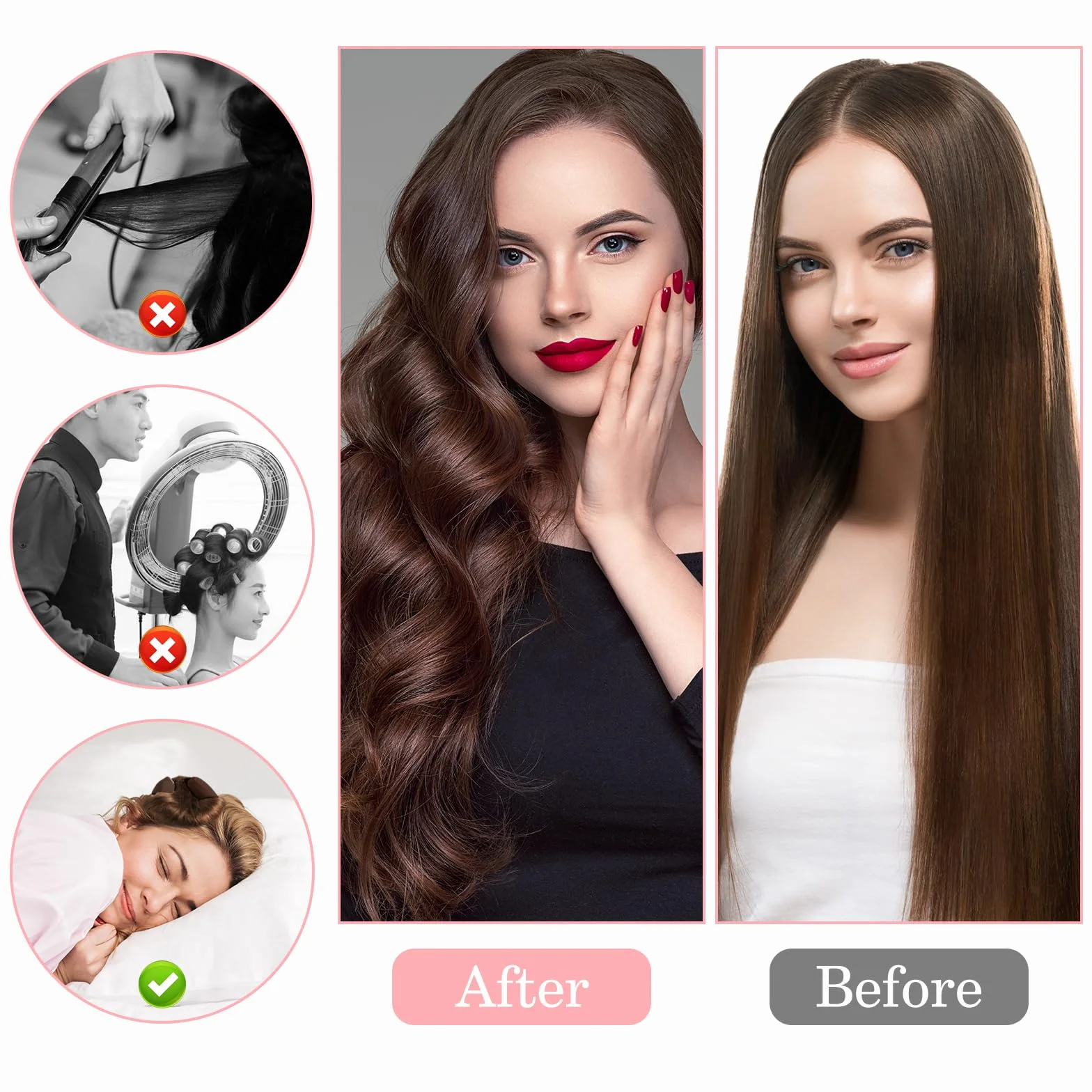 Yuanchu Taśma Heatless Curls do włosów bez ciepła, brązowa, do wszystkich rodzajów włosów, lokówka z haczykami