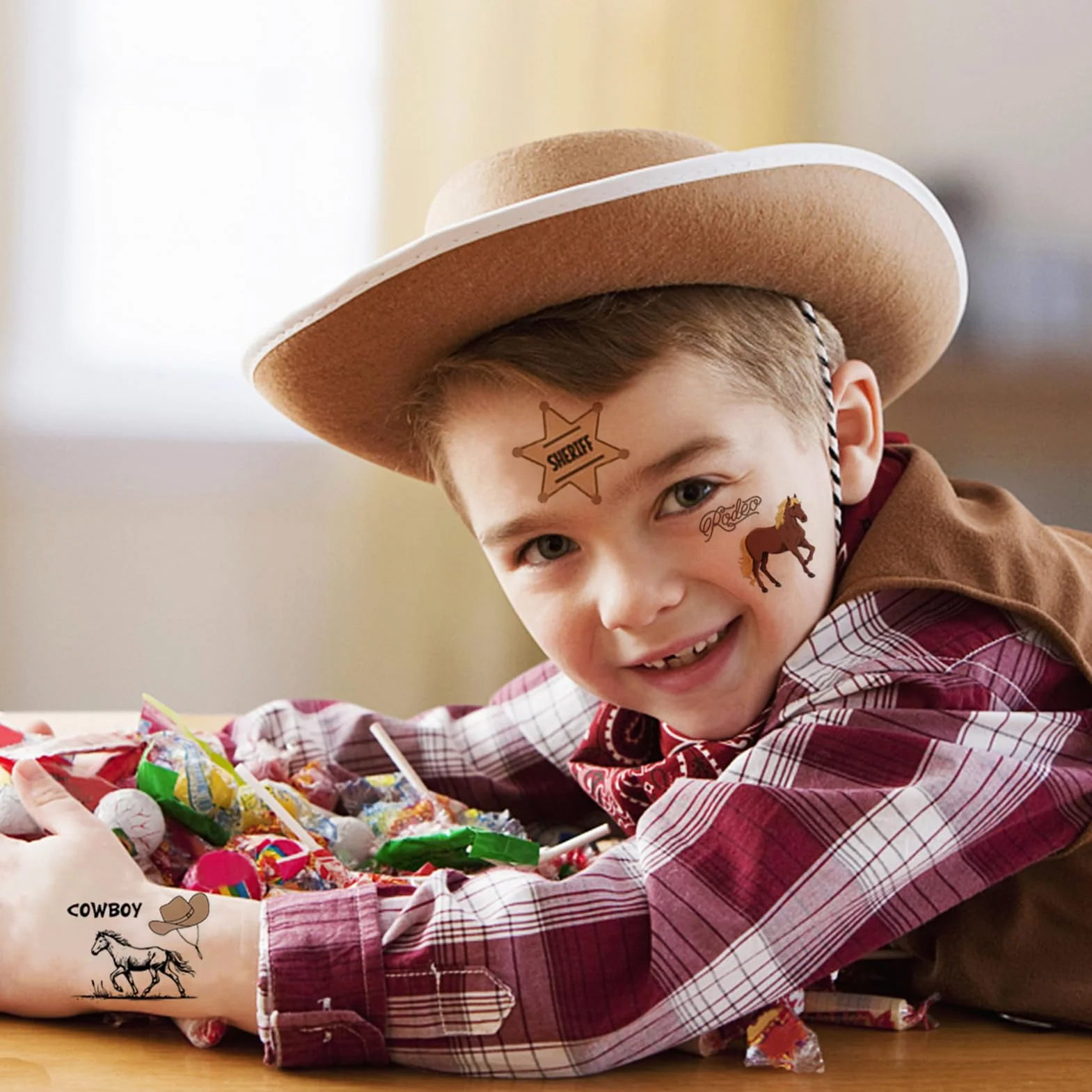 Qpout 10 arkuszy kowbojskie tymczasowe tatuaże zachodni koń czapki rodeo buty twarz sztuczne tatuaże, chłopcy kowboj rzemiosło westernowe przyjęcie tymczasowy tatuaż koń naklejka kowbojskie przyjęcie