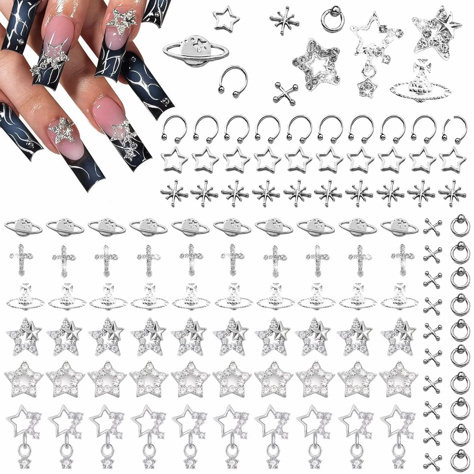 Charms do paznokci 110 sztuk Charms na paznokcie 3D srebrne Charms do paznokci W zestawie znajduje się 1 szczypce Dekoracje do paznokci Dostępne w 11 różnych stylach Nadaje się do dekoracji paznokci
