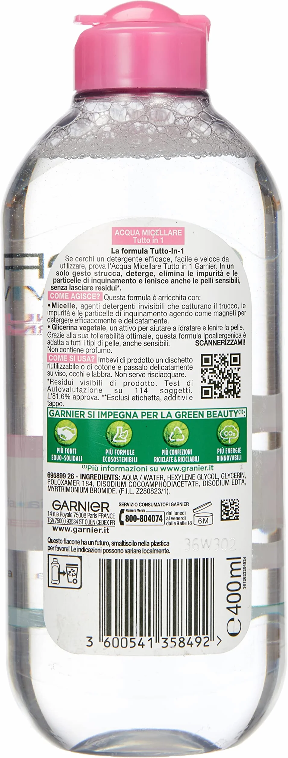 Garnier SkinActive micelarna woda micelarna All-in-1, do skóry wrażliwej, 100% demakijażu, oczyszczona i nawilżona skóra do 12H, bez pozostałości i bez spłukiwania, z micelami i gliceryną, 400 ml