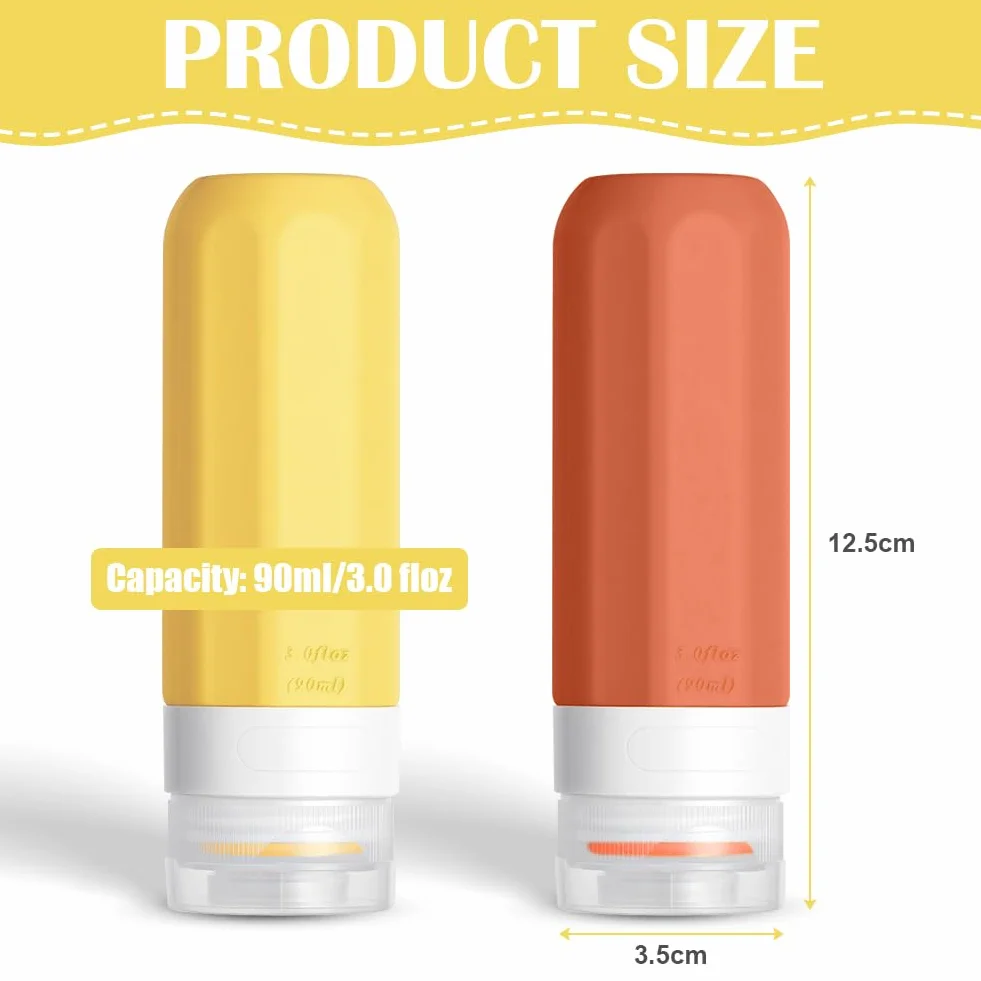 OSDUE Fiolki podróżne samolotem, 4 szt., 90 ml, wodoodporny silikon, zestaw kosmetyków, mała pusta butelka, akcesoria turystyczne, balsam, żel pod prysznic, krem kosmetyczny,żółty