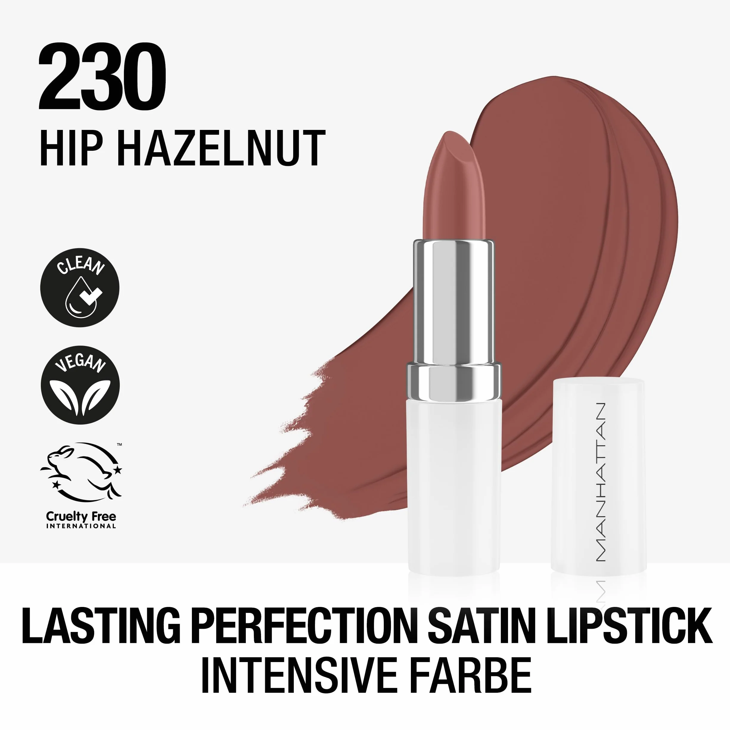 Manhattan Lasting Perfection satynowa pomadka do ust 230 Hip Hazelnut, pomadka do intensywnego, długotrwałego koloru i nawilżającej pielęgnacji