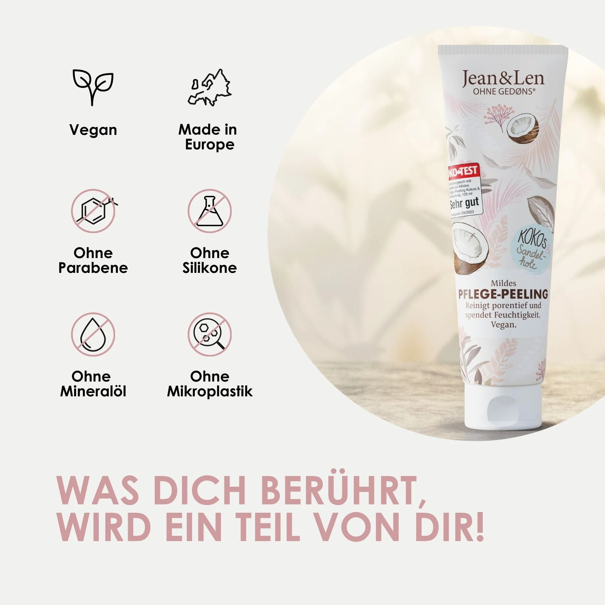 Jean & Len Kremowy peeling pod prysznic, drewno kokosowe i sandałowe, głęboko oczyszcza pory i odżywia skórę, z naturalnymi perłami piaskowymi, peeling do ciała, bez parabenów i silikonów, wegański,