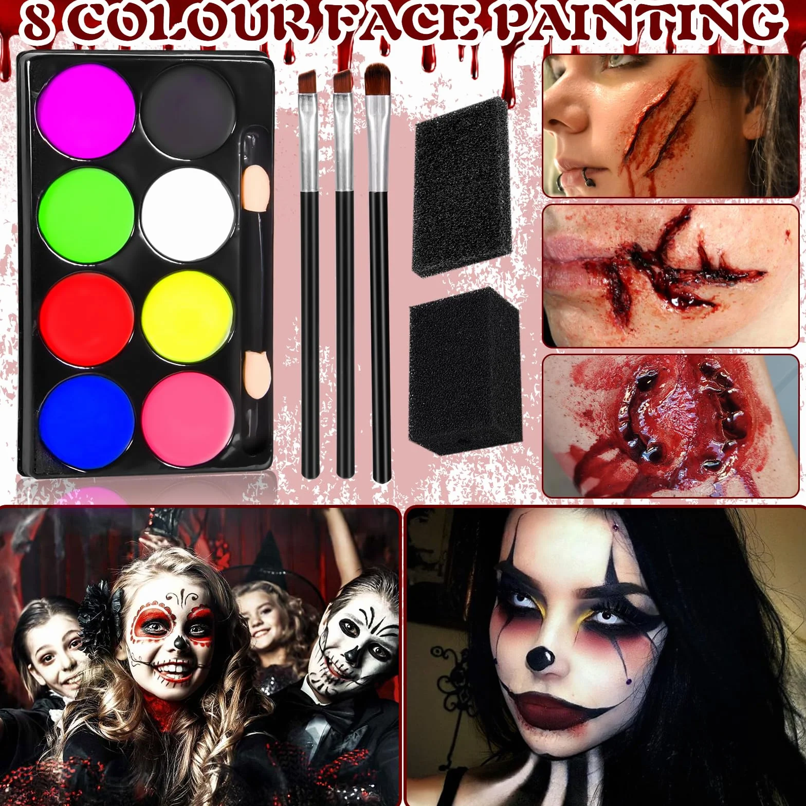 Zestaw do makijażu Halloween 3 sztucznej krwi 30 naklejek tatuaż paleta 8 kolorów