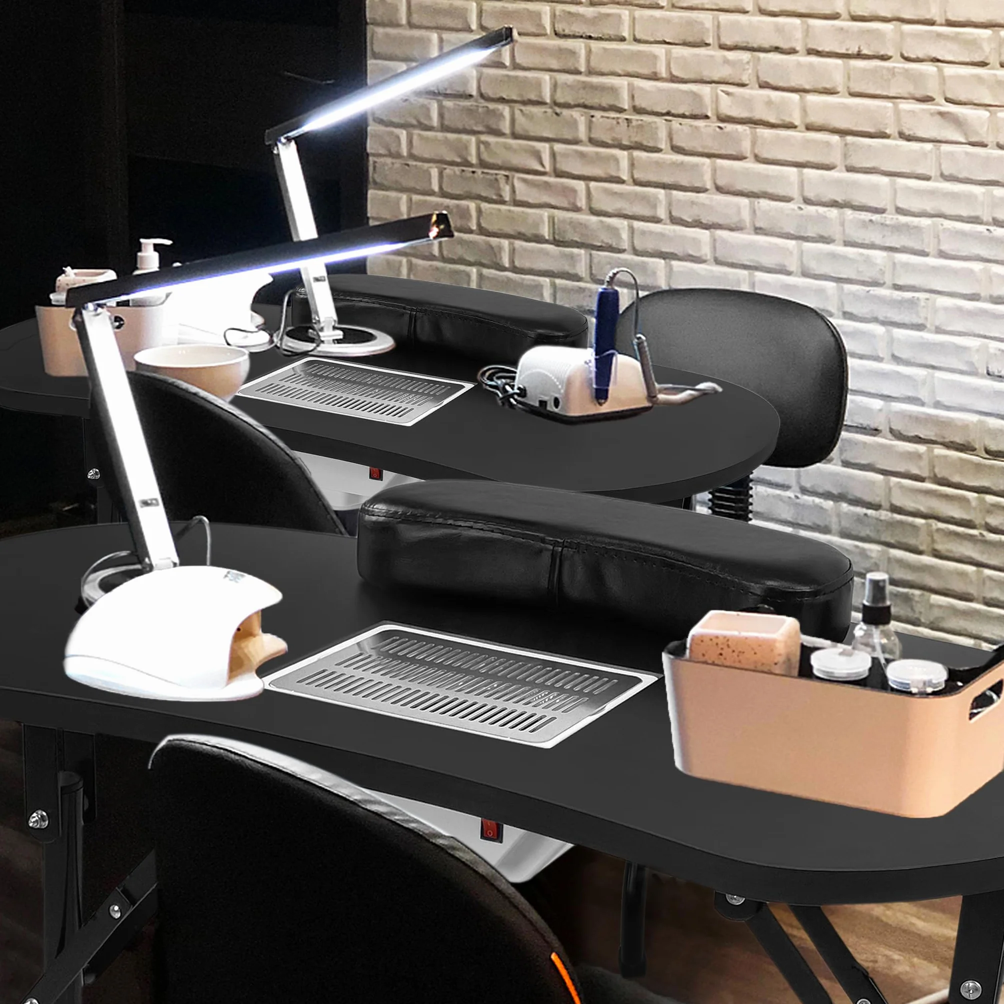 Froadp Zestaw Stolików do Manicure 90x33x77cm Składane Stoły do Paznokci Mobilny Stolik do Manicure z Poduszką na Rękę z PU, Odkurzaczem do Paznokci, Torbą na Kurz i Torbą do Przechowywania (Czarny)