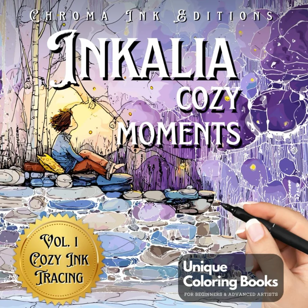 Inkalia Cozy Moments: Stress-Relief Tracing with Just One Black Pen: A Coloring Book for Adults and Teens, Follow the White Lines for a Meditative Creative Escape
