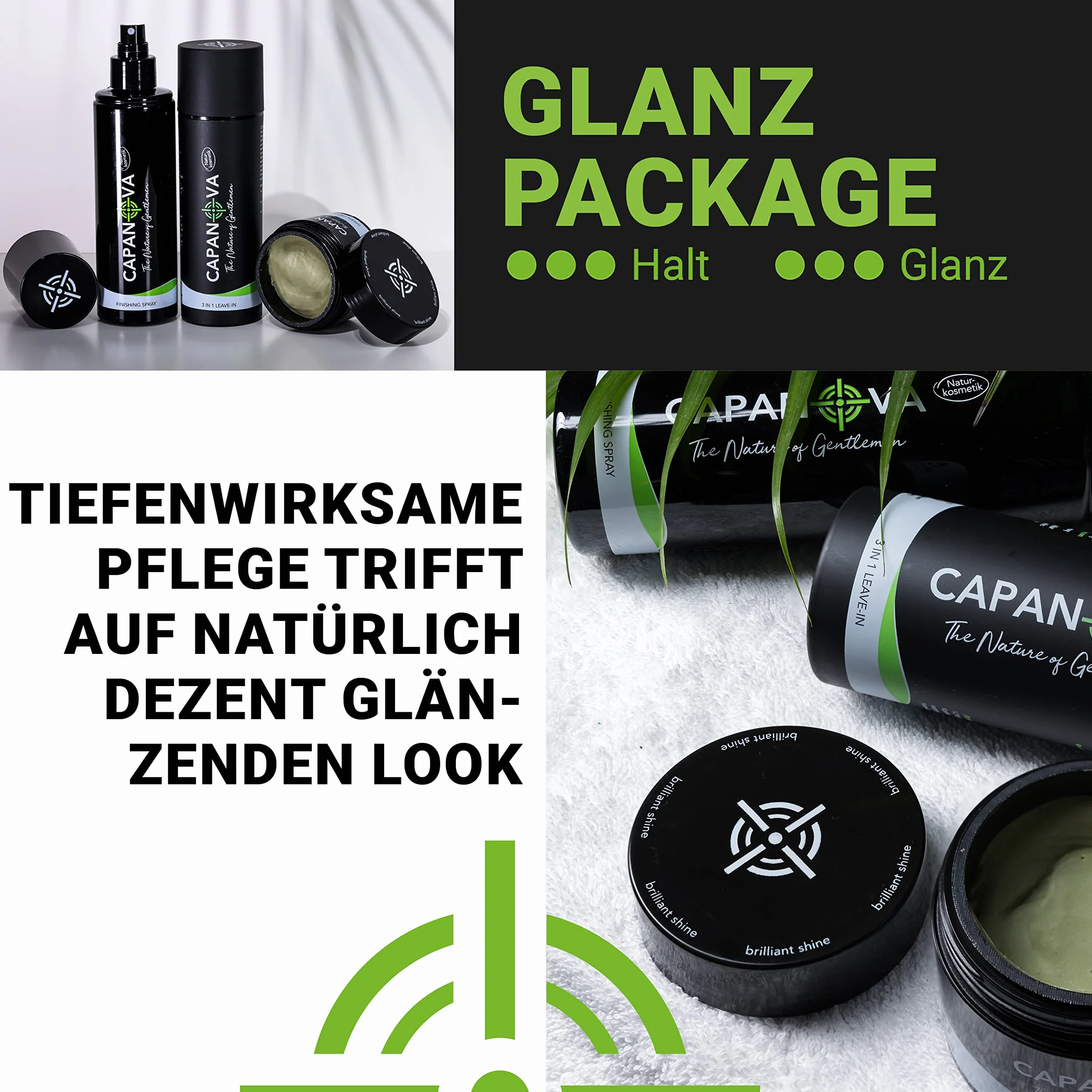 CAPANOVA błyszczący zestaw 3 szt. dla mężczyzn I naturalny kosmetyk All in One Grooming Clay (79 g), spray (200 ml) i 3 w 1 (150 ml) dla mocnego trzymania i błyszczącego wykończenia, stylizacja włosów i pielęgnacja włosów