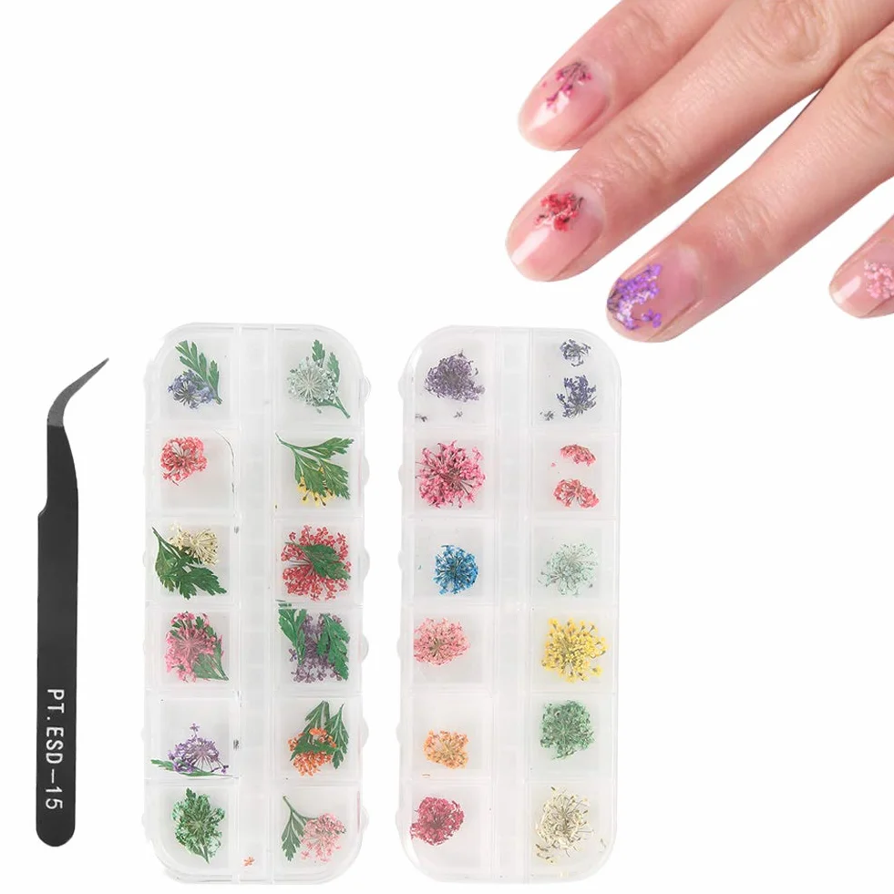 Suszony Kwiat do Paznokci Trójwymiarowe Żetony Dekoracja Manicure Zestaw DIY Pęsety