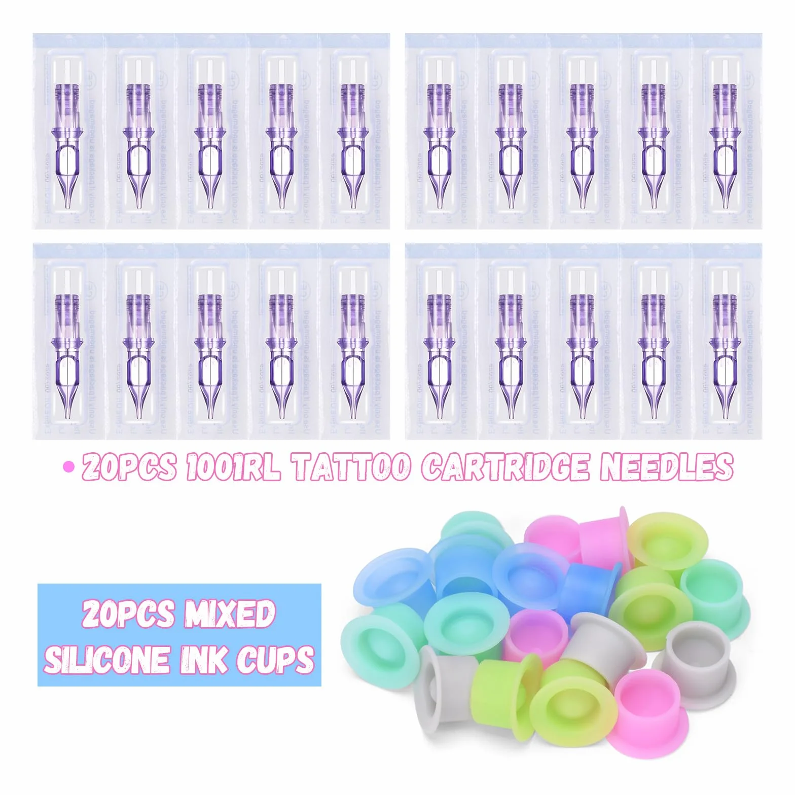 ATOMUS 20pcs Purple Tattoo Cartridge Needles 1001RL Liner Permanent Eyebrow Disposable Silicone Ink Cups for Tattoo Gun Pen Rotary Machine