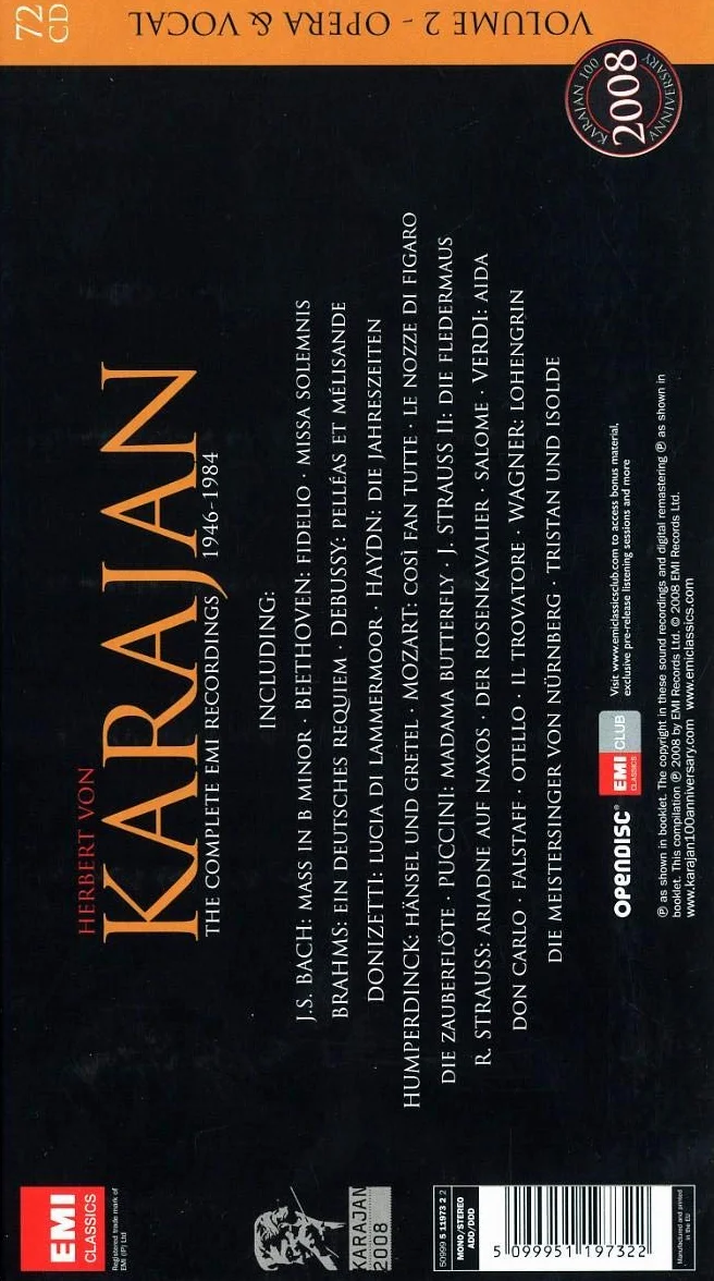 Complete Vocal Recordings Von Karajan 72 CD Set
